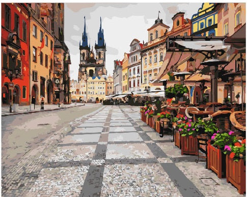 Paint-by-numbers canvas of Prague's Old Town Square with Týn Church and café terraces