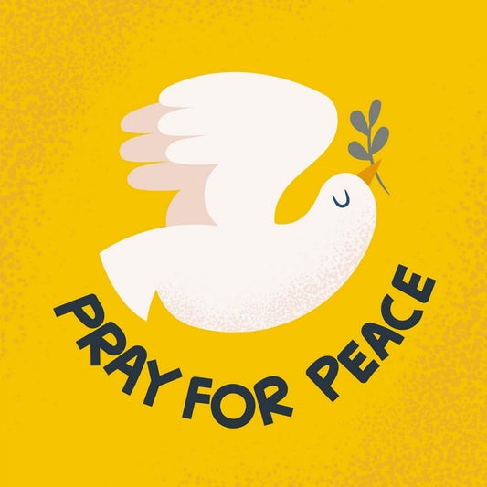 Flache Illustration einer weißen Friedenstaube mit Olivenzweig und Schriftzug Pray for Peace auf Safrangelb