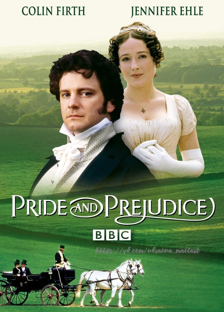 BBC-Filmplakat „Stolz und Vorurteil“ mit Colin Firth und Jennifer Ehle, Kutsche darunter