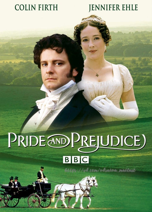 BBC-Filmplakat „Stolz und Vorurteil“ mit Colin Firth und Jennifer Ehle, Kutsche darunter