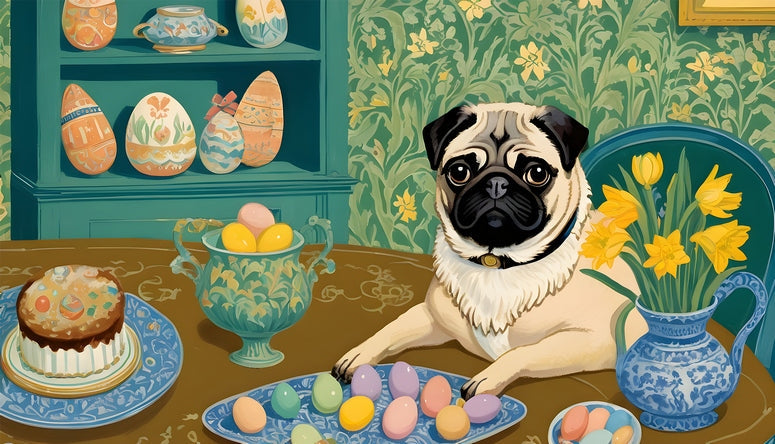 Pug at an Easter table with painted eggs and a jug of daffodils