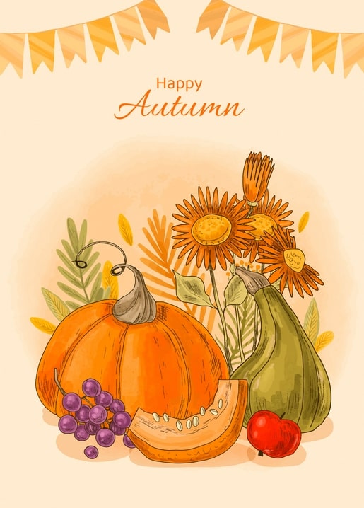 Watercolor autumn illustration with pumpkin, gourd, grapes, apple and orange flowers under bunting