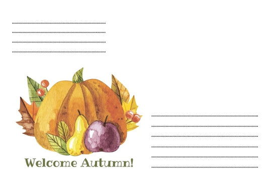Акварельний гарбуз, груша і слива серед осіннього листя з написом «Welcome Autumn!»