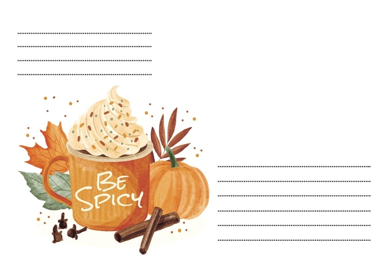 Herbstlicher Umschlag mit Kürbisgewürz-Tasse „Be Spicy“, Sahnehaube und Zimt