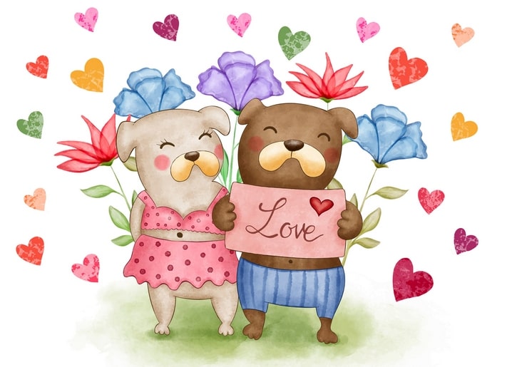 Aquarell-Hunde mit „Love“-Schild zwischen blauen und lila Blüten