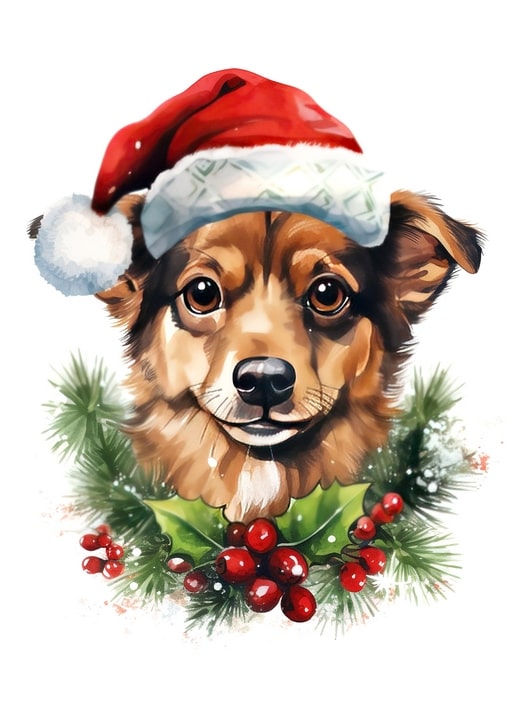 Aquarellierter Welpe mit Weihnachtsmütze neben Stechpalme und roten Beeren