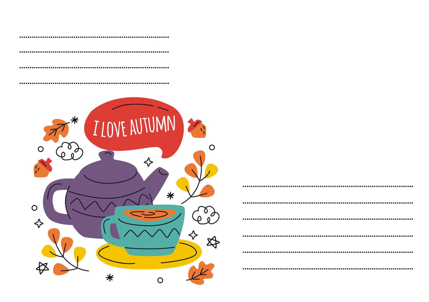 Illustration einer lila Teekanne und türkisen Tasse mit Herbstblättern und Eicheln