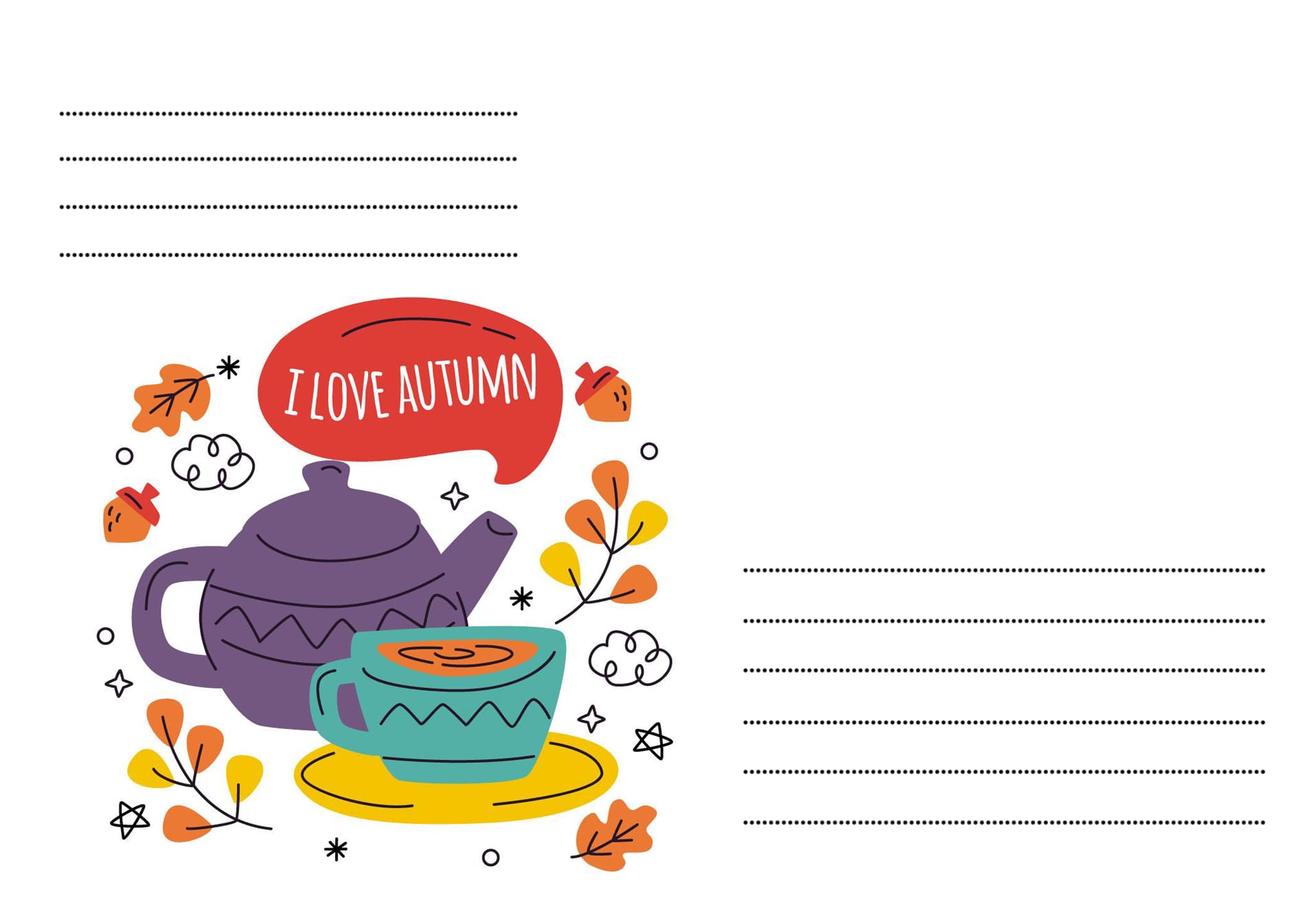 Illustration einer lila Teekanne und türkisen Tasse mit Herbstblättern und Eicheln