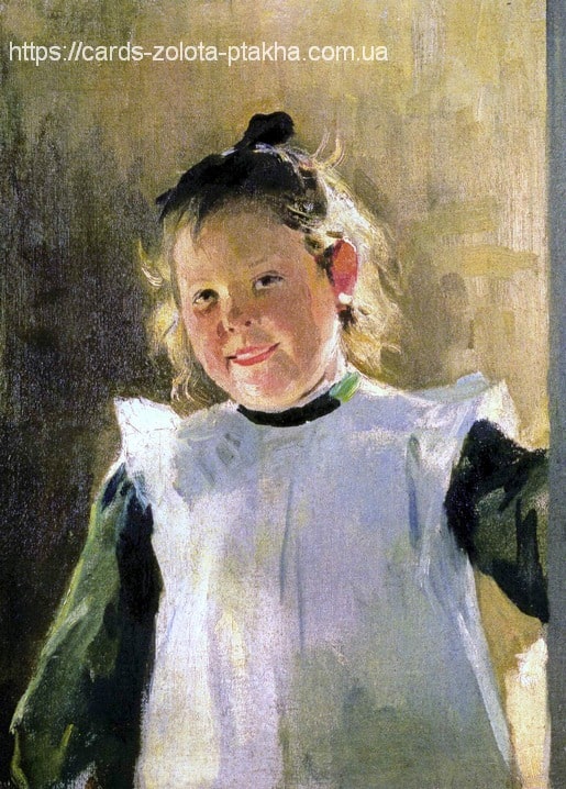 Nahporträt eines lächelnden blonden Mädchens mit schwarzer Schleife im Haar, Gemälde von Mykola Pymonenko