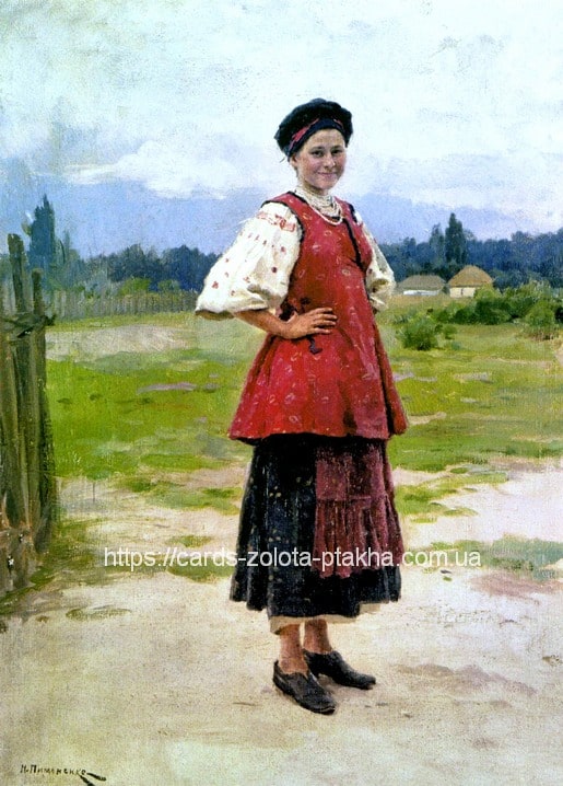 Smiling young Ukrainian woman in embroidered blouse and red vest standing on a village path, painting by Mykola Pymonenko
