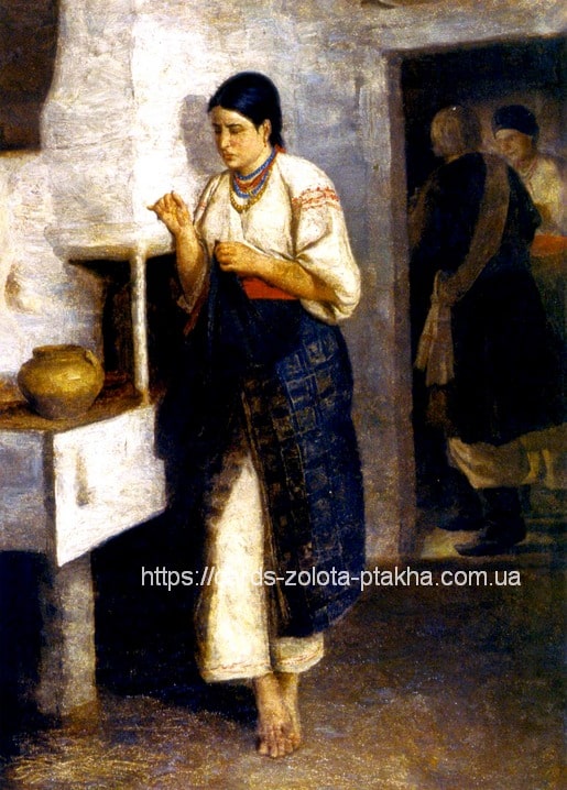 Young Ukrainian woman in embroidered blouse standing by a whitewashed stove with a clay pot, painting by Mykola Pymonenko