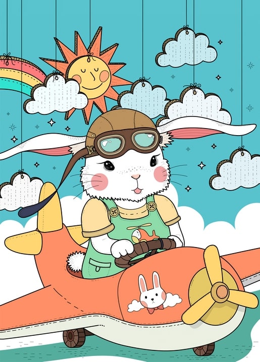 Illustrierter weißer Hase mit Fliegerbrille im roten Spielzeug-Propellerflugzeug