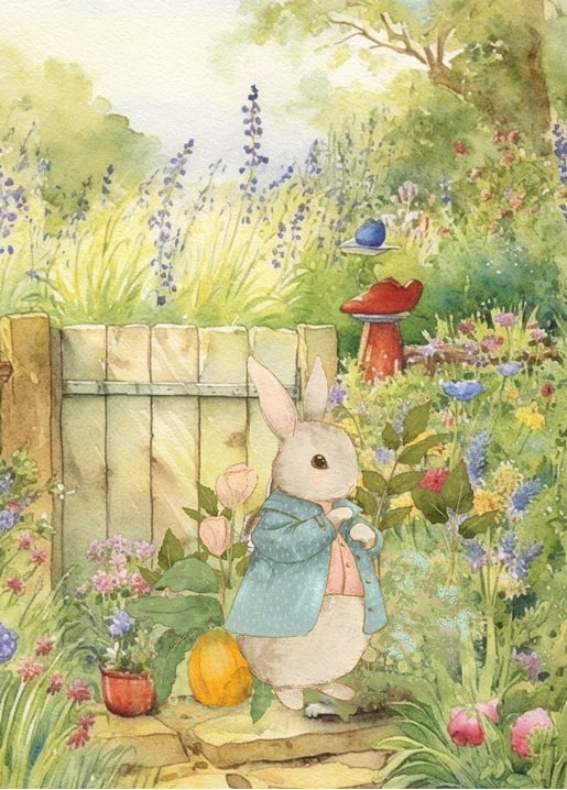 Aquarell-Kaninchen im blauen Mantel am Gartentor mit Kürbis und violetten Blüten