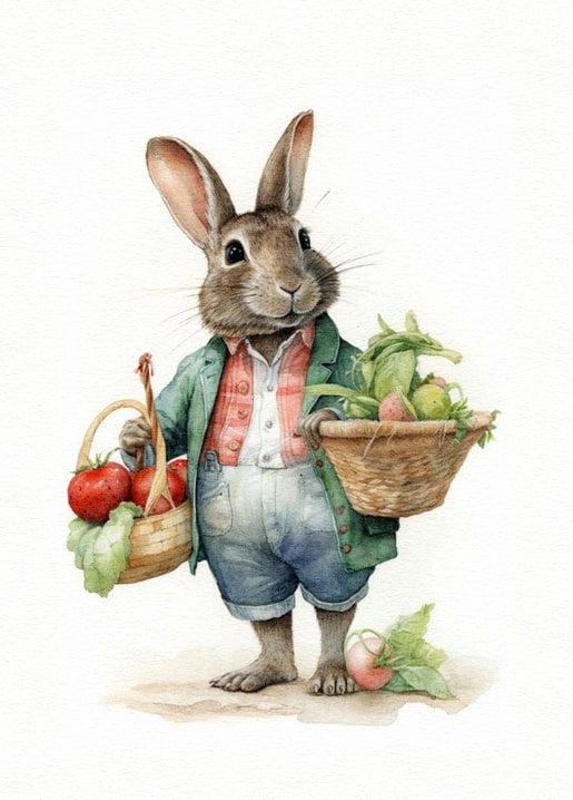 Watercolor rabbit boy in a green jacket carrying baskets of tomatoes, corn, and pears