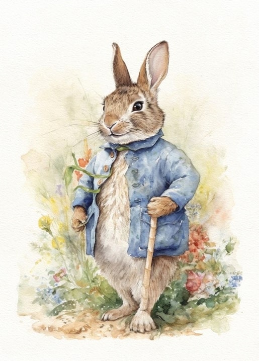 Watercolor illustration of a rabbit in a blue coat leaning on a cane among wildflowers