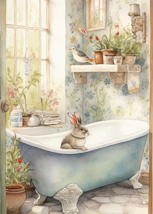 Watercolor rabbit sitting in a blue clawfoot bathtub with a bird on a flower-lined shelf