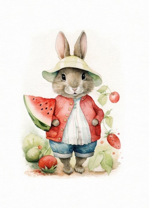Watercolor rabbit in a red cardigan holding a watermelon wedge with cherries and vegetables nearby