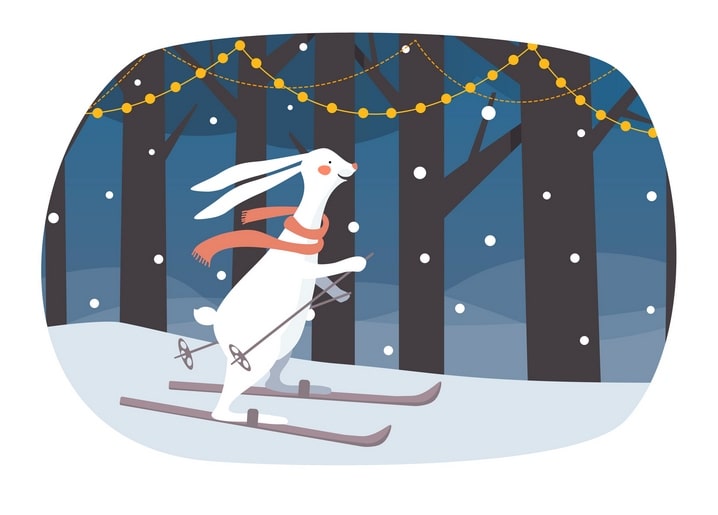 White rabbit skiing through a moonlit forest strung with lights, red scarf trailing behind