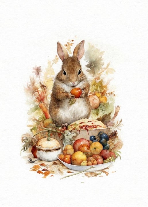 Aquarell-Hase hält eine Tomate zwischen Kürbis, Brot und einer Schale Herbstobst