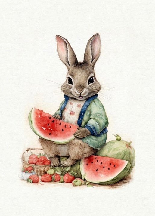 Watercolor rabbit in a green robe eating watermelon beside strawberries and whole melons