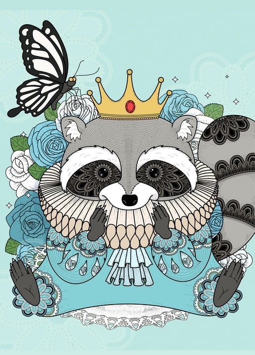 Illustrierte Waschbär-Königin mit goldener Krone, blauen Rosen und Schmetterling