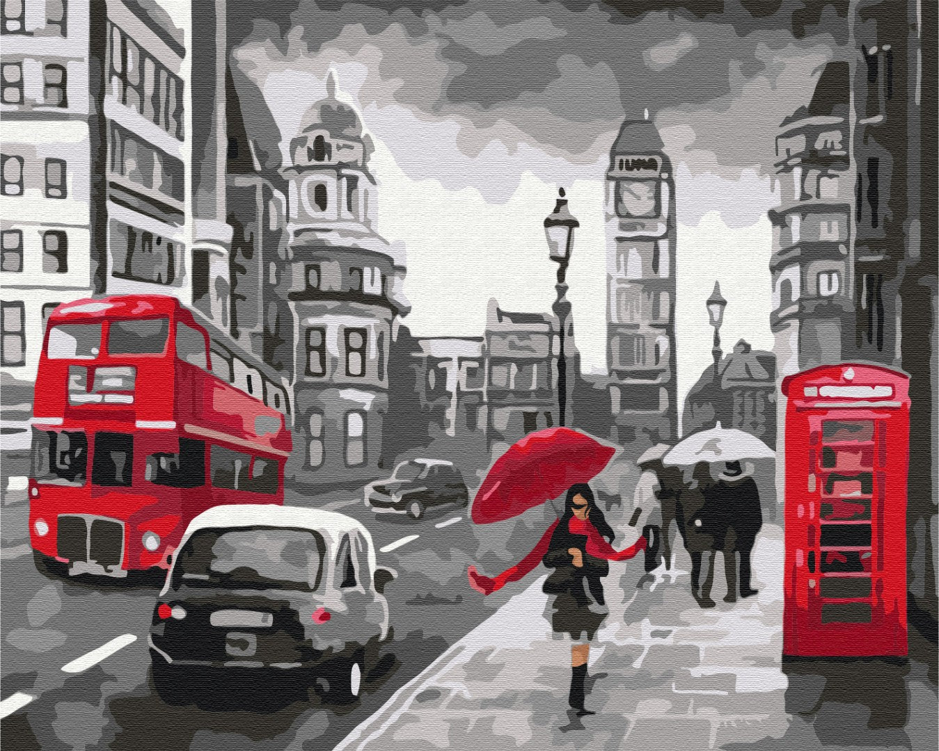 Black-and-white paint-by-numbers London street scene with a red umbrella, bus and phone booth
