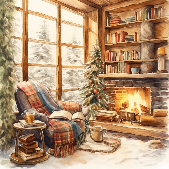 Leseecke mit karierter Decke, einer Tasse Tee, Büchern und einem kleinen Weihnachtsbaum, im Hintergrund Kiefern.