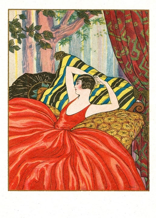 Woman in red satin gown reclining on a striped bolster beside a patterned curtain
