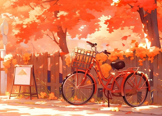 Red bicycle with a basket parked by a wooden fence under orange autumn foliage
