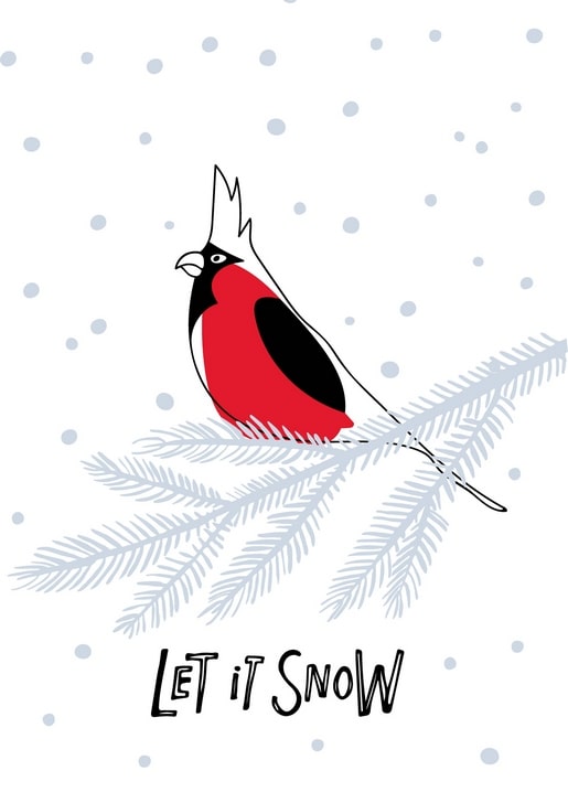 Illustrierter Gimpel auf einem schneebedeckten Kiefernzweig neben dem Schriftzug Let It Snow