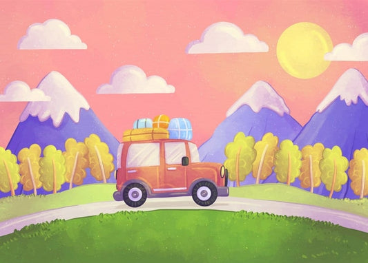 Watercolor red car with rooftop luggage driving a mountain road at sunset