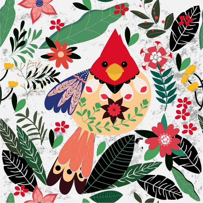 Red cardinal bird with a folk-art floral pattern among tropical leaves and flowers on white