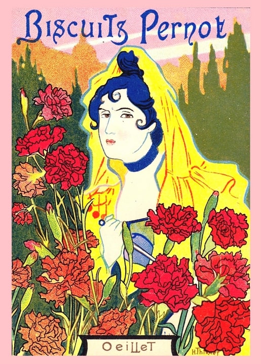 Art Nouveau postcard of a woman in a yellow veil surrounded by red and pink carnations