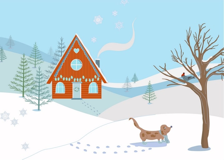 Red cottage in the snow with a scarf-wearing dog and a bird in a bare tree
