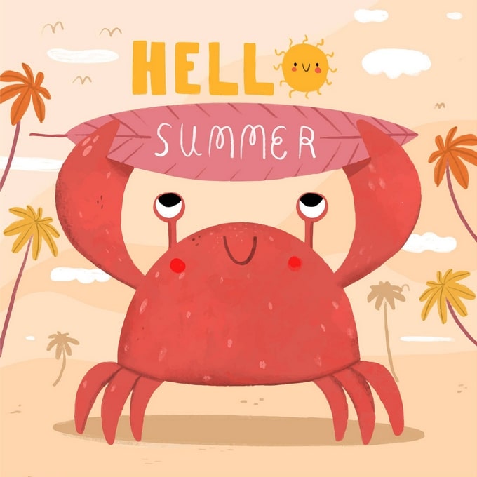 Smiling red crab holds a ‘Hello Summer’ banner between palm trees and a sun