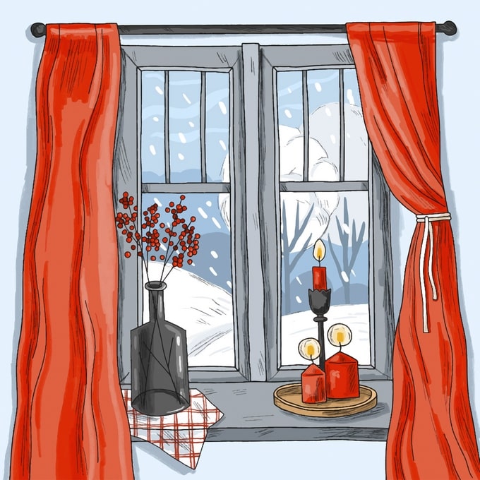 Illustrated window with red curtains, candles and a vase of winter berries at dusk
