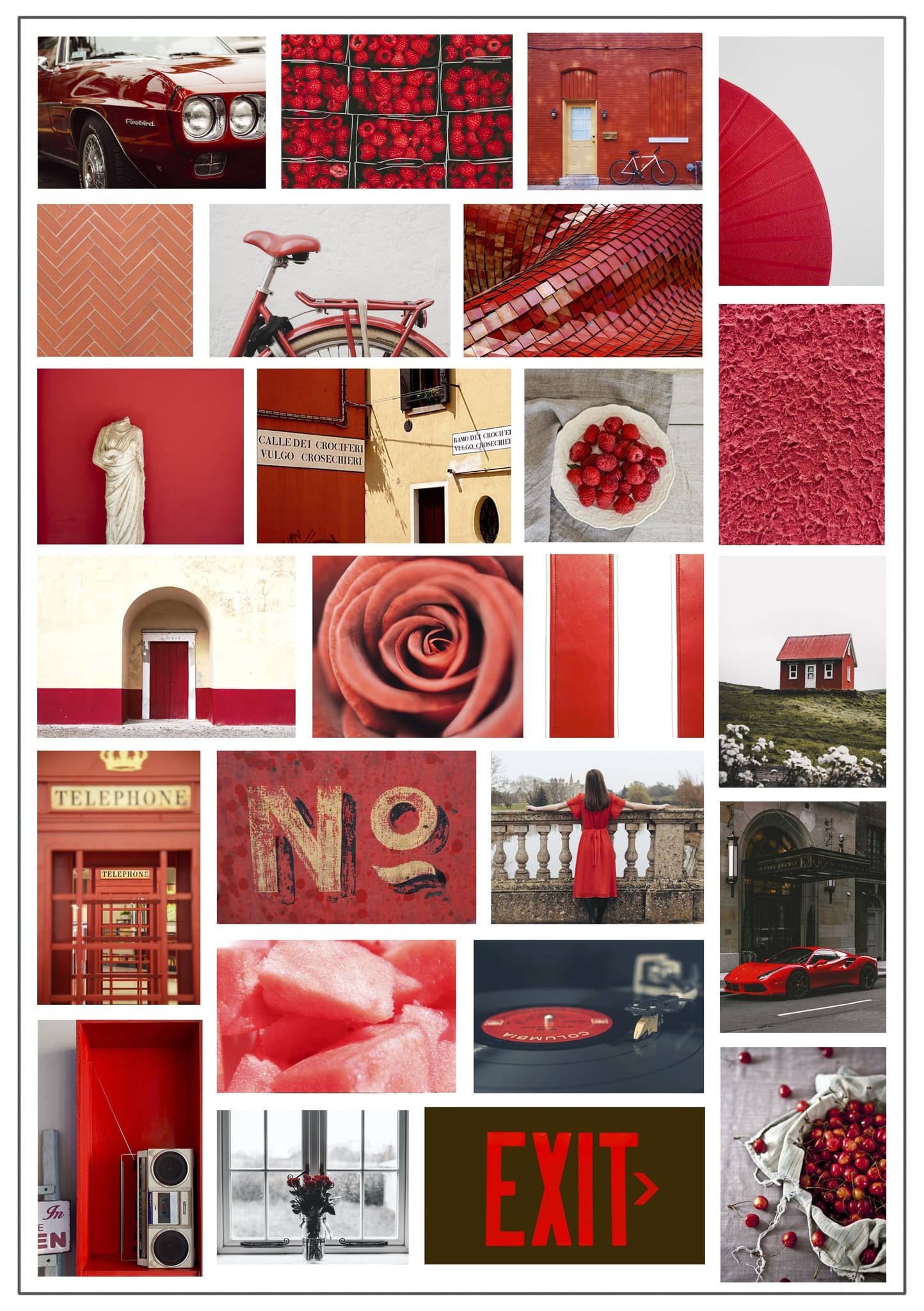 Червоний колаж: ретроавтомобіль, троянда, телефонна будка та міські текстури