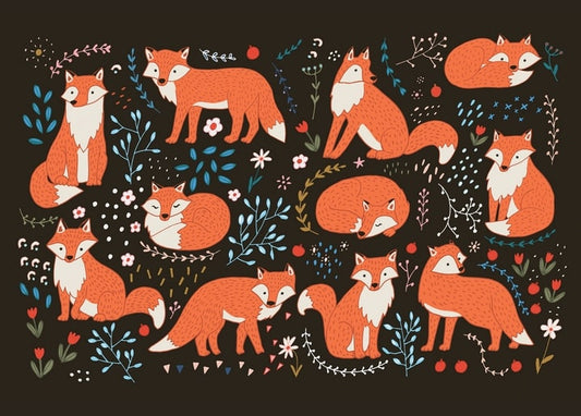Pattern of red foxes in various poses among wildflowers and berries on black background