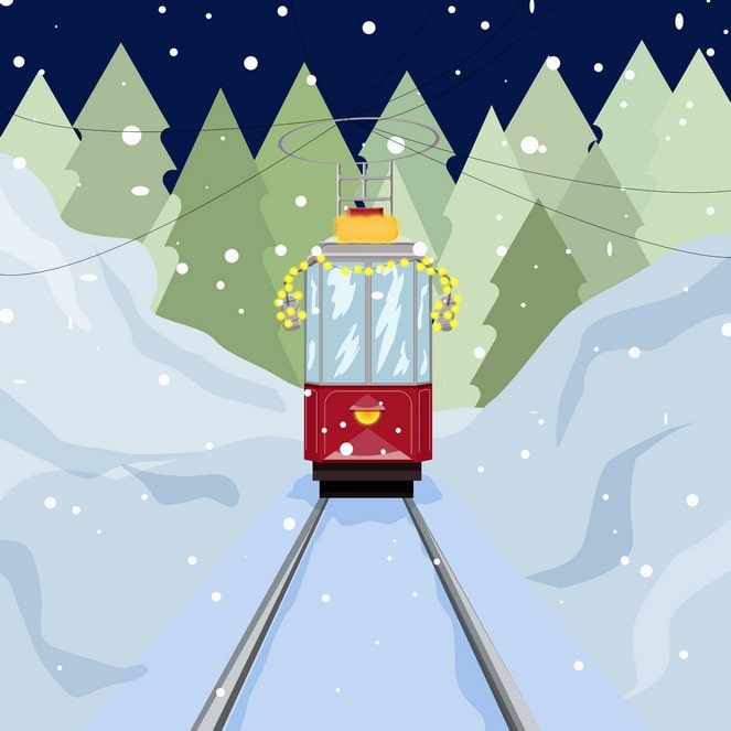 Red funicular tram climbing snowy tracks through a pine forest at night