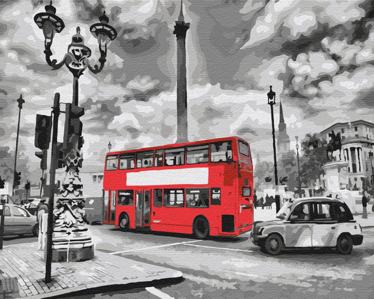 Selective-color paint-by-numbers art of a red London bus and black cab on a monochrome street
