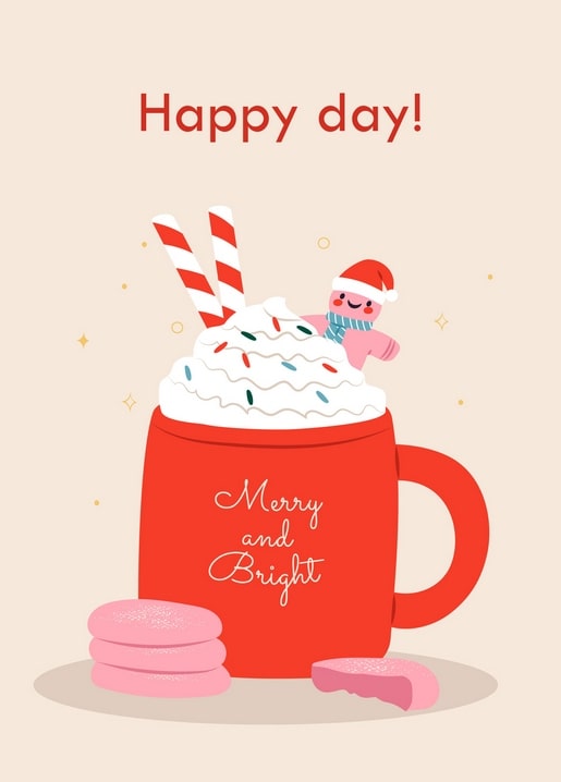 Red mug topped with whipped cream and a gingerbread man, flanked by striped straws and pink macarons