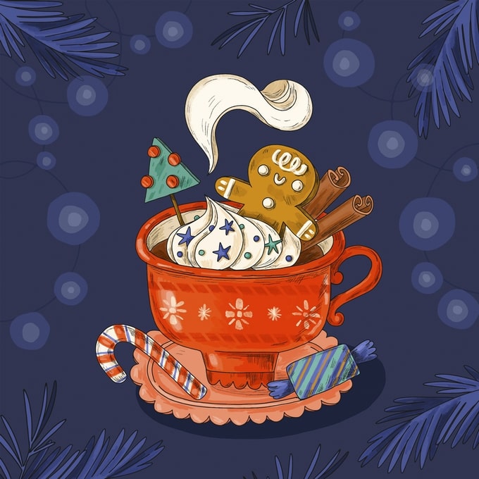 Red mug with whipped cream, mini tree and gingerbread man beside a candy cane