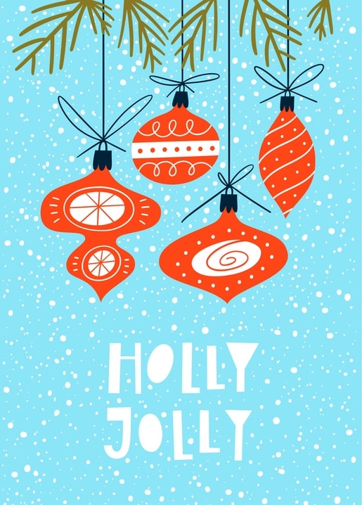 Red glass ornaments with swirl and citrus patterns hang from a snowy pine branch above a Holly Jolly greeting.