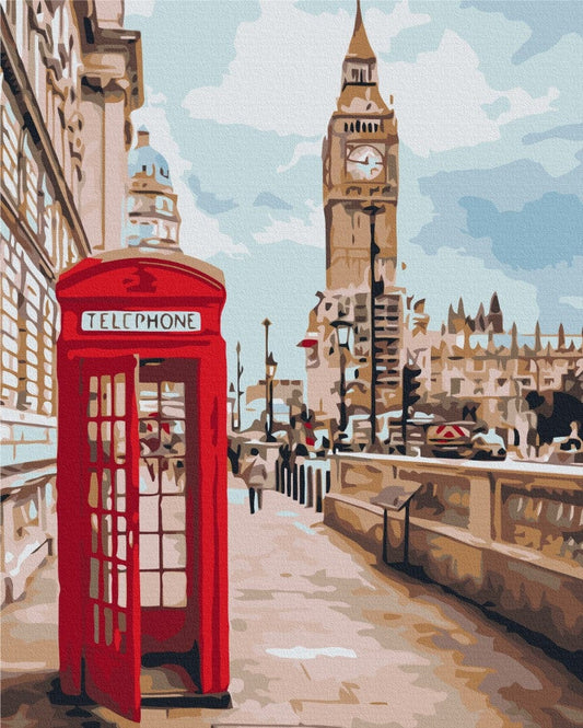 Painting of a red telephone box beside Big Ben in London