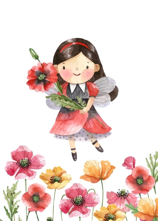 Watercolor fairy in a red dress holding a bouquet of poppies