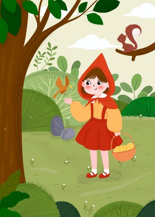 Girl in a red hooded cape greeting a bird in the forest, squirrel on a branch above
