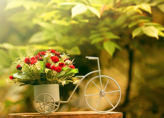 Weißer Fahrrad-Blumenständer mit einem Strauß roter Rosen im goldenen Sommerlicht