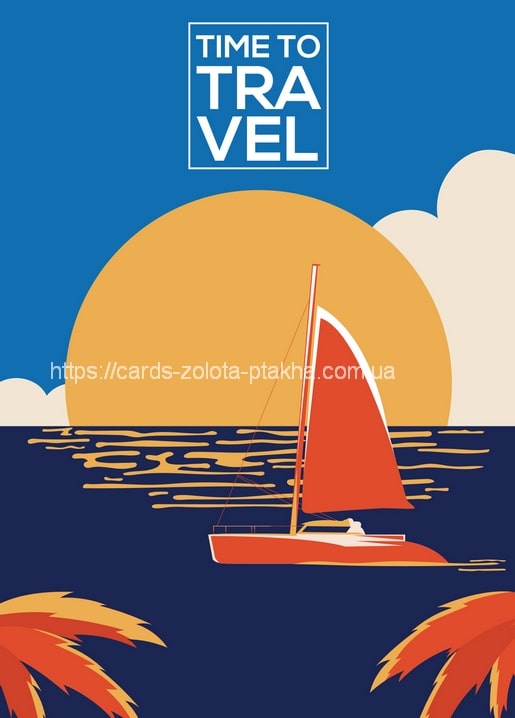 Rotes Segelboot segelt bei Sonnenuntergang zwischen zwei Palmen-Silhouetten