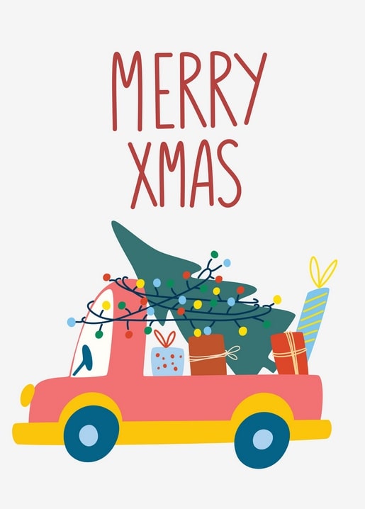Roter Pickup mit beleuchtetem Weihnachtsbaum und Geschenken, Schriftzug „Merry Xmas“