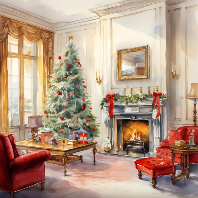Aquarell mit roten Samtsesseln und Weihnachtsbaum im goldenen Salon